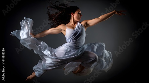 Graceful female dancer in mid-air, light-grey flowing dress.