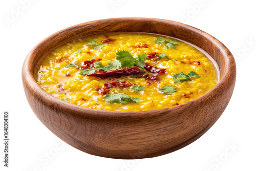 Daal tarka  in a wooden bowl, Indian traditional food, isolated on white background