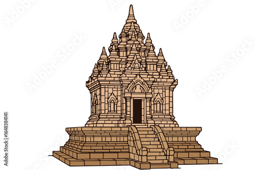 A detailed vector illustration of an ancient temple, outlined in bold black, showcasing historical architecture, intricate carvings, and cultural heritage from centuries past.
