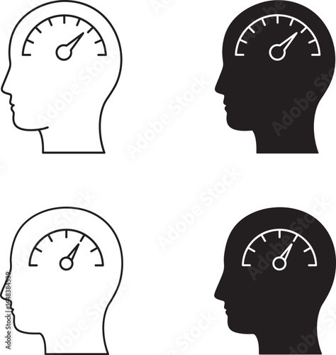 Mental health and wellbeing concept showing speedometer inside human head silhouette