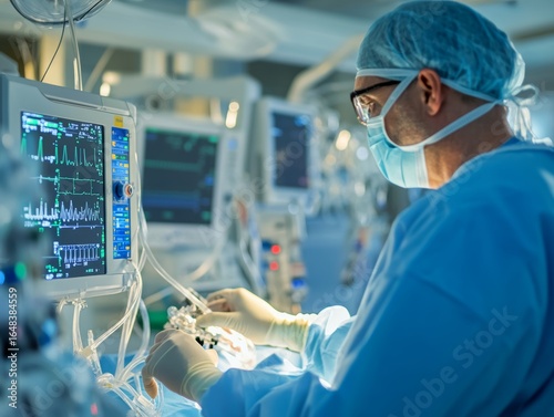 Focused Perfusionist Monitoring Cardiopulmonary Bypass Equipment in a Modern Operating Room