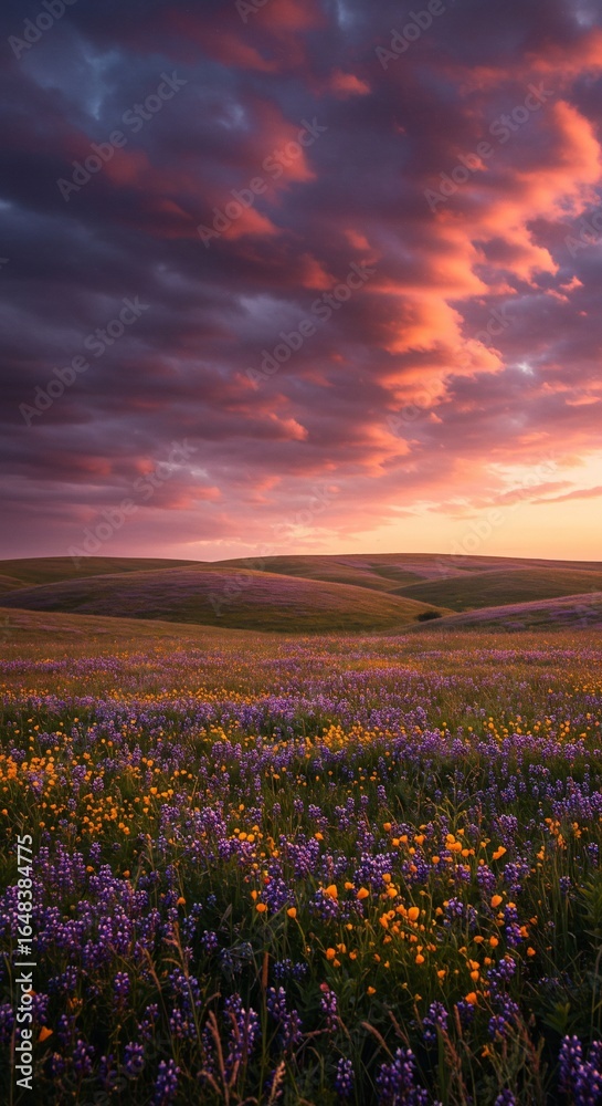 Fototapeta premium Cinematic aerial shot of a peaceful countryside field at sunset, soft pink sky, gentle wind moving through the grass, dreamy golden hour lighting, ultra realistic, calming atmosphere, nature aesthetic