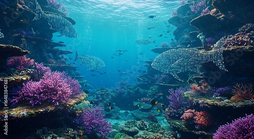 Fototapeta Naklejka Na Ścianę i Meble -  Underwater world coral reef with fish and pixelated outlines illustration