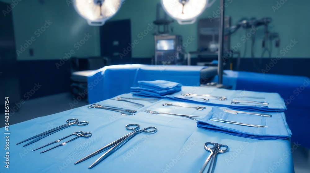 Naklejka premium Sterile Surgical Instruments Prepared on Table in Operating Room Setting