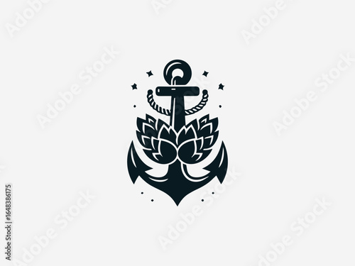 Handcrafted anchor intertwined with hops for artisanal brewery vector logo