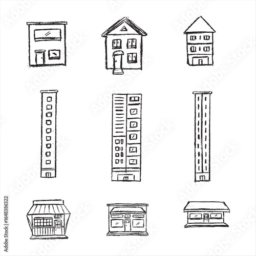 ILLUSTRATION SKETCH OF HOUSE, SHOP AND HIGH BUILDING