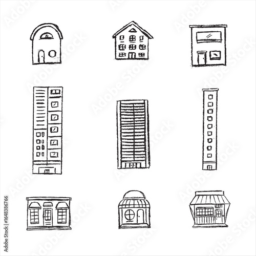 ILLUSTRATION SKETCH OF HOUSE, SHOP AND HIGH BUILDING