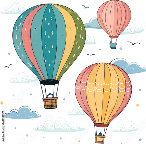 Colorful hot air balloons in the sky, flat style, white background