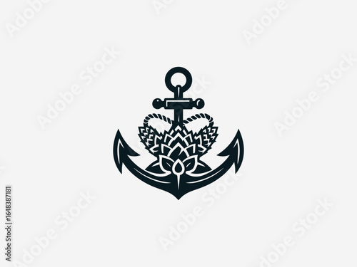 Handcrafted anchor intertwined with hops for artisanal brewery vector logo