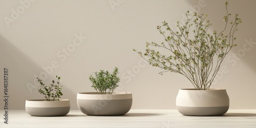 Three minimalist potted plants on a white surface, casting shadows against a plain wall. The plants are simple and modern, with one taller and two shorter ones, all in rounded, light-colored pots. 