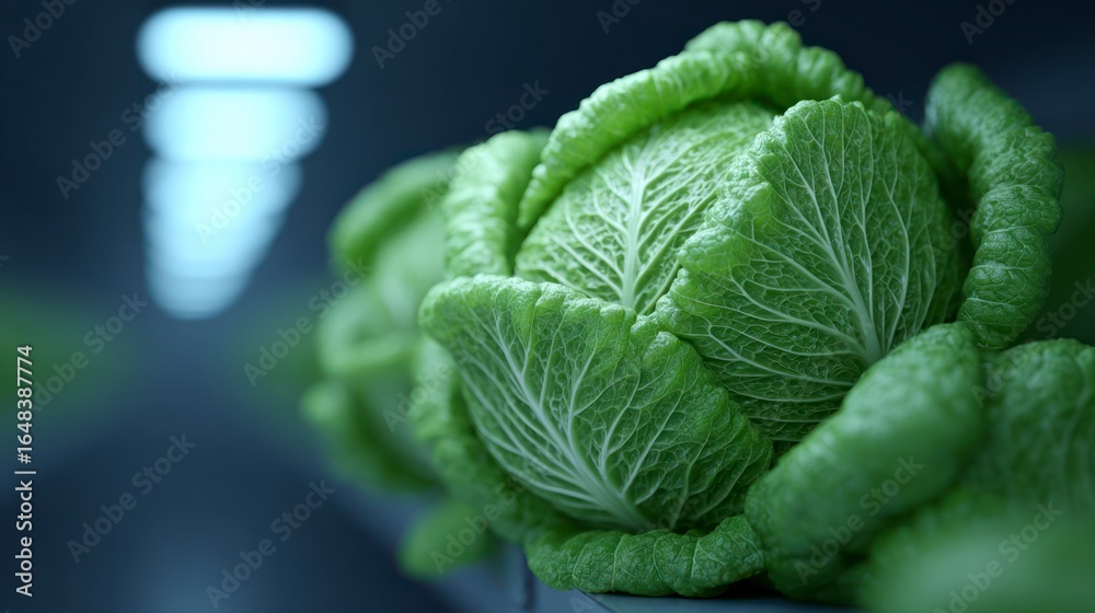 Fototapeta premium Macro view of a fresh green cabbage with detailed leafy texture and subtle blurred background lights