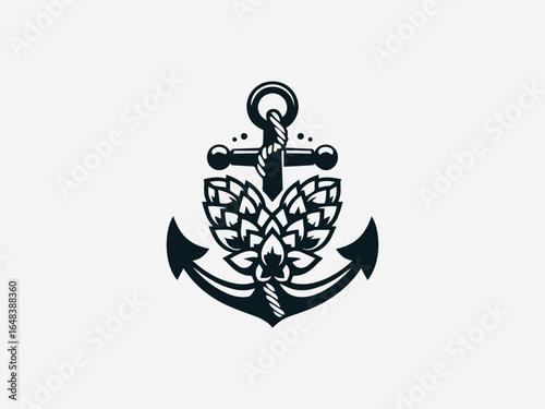Handcrafted anchor intertwined with hops for artisanal brewery vector logo