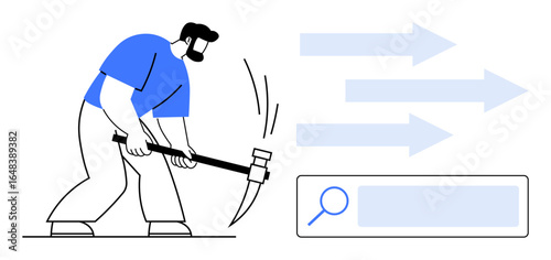 Man striking ground with pickaxe, forward arrows suggesting determination and focus. Ideal for innovation, effort, development, progress, growth, search, simple landing page