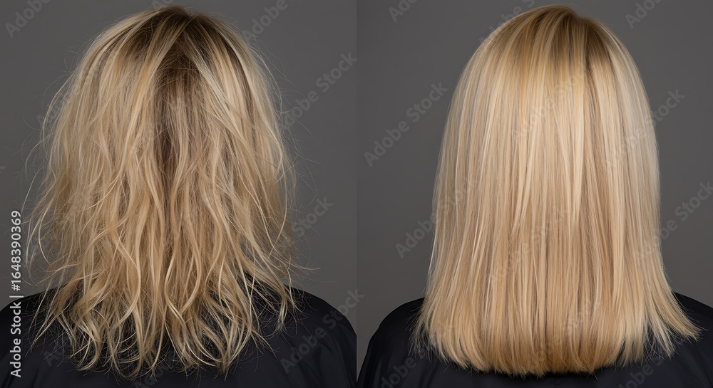 Naklejka premium Hair transformation before and after blonde styling for repair and beauty