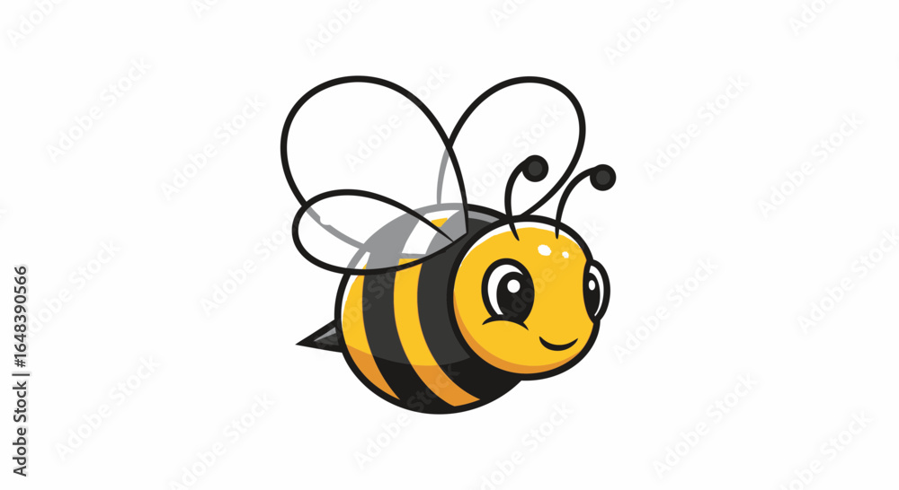 A cute cartoon honeybee with big eyes and a friendly smile, flying with translucent wings on a white background. A cute cartoon honeybee with big eyes and a friendly smile, flying with translucent wings on a white background.