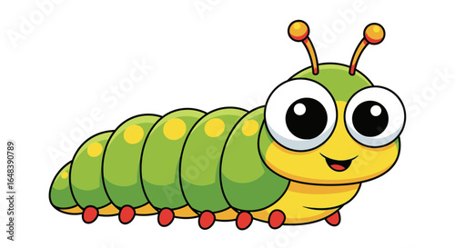 A cute green and yellow cartoon caterpillar with large, friendly eyes and a happy smile, isolated on a white background.