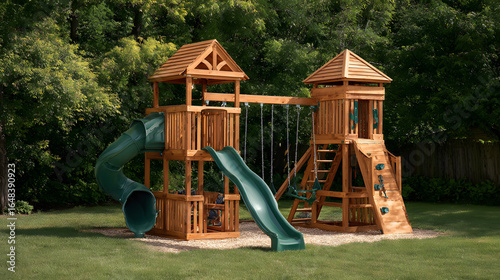 Outdoor wooden playset featuring towers, a slide, and swings, set against a lush green backdrop, perfect for childhood adventures and backyard fun.