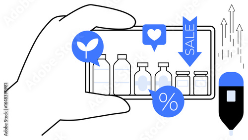 Smartphone screen highlights bottles with eco-friendly, discount, and sale icons. Ideal for marketing, e-commerce, retail, sustainability, online shopping, digital promotion simple flat metaphor