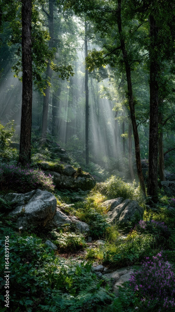 Obraz premium Sunlight streams through misty forest