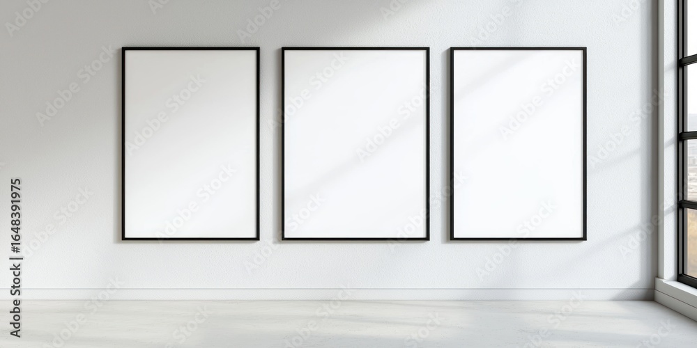 Three blank framed posters on a white wall, casting shadows from a window. The room is minimalist with a clean, modern aesthetic. Three blank framed posters on a white wall, casting shadows from a window. The room is minimalist with a clean, modern aesthetic.