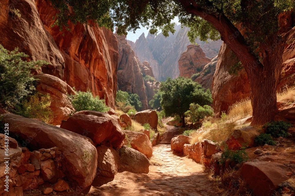 Obraz premium Sun-drenched canyon path, red rock walls (1)