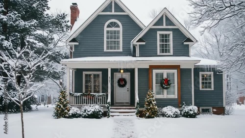 House in winter landscape with snow covered yard and festive holiday decorations