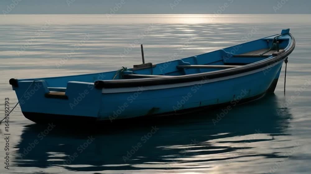 Tranquil blue boat floating peacefully on the sea at sunset reflecting light Tranquil blue boat floating peacefully on the sea at sunset reflecting light