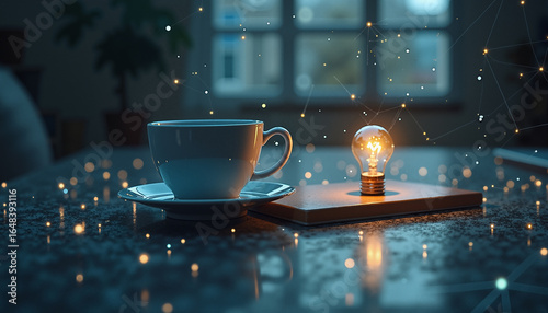 s a cup of coffee sitting on top of a table next to a light bulb