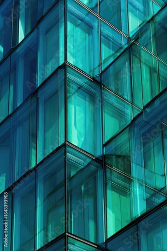 Teal glass building facade  close-up