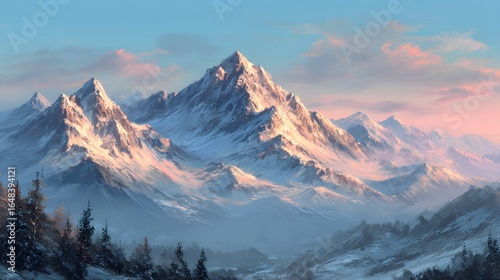 Winter landscape with snowy mountains glowing in soft early light 