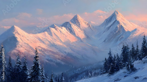 Winter landscape with snowy mountains glowing in soft early light 