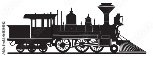 Vintage steam locomotive silhouette detailed black and white train engine