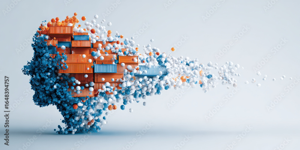 Obraz premium Digital artwork depicts human head silhouette composed of colorful shipping containers and scattered spheres, symbolizing concept of data supply chain resilience and personalized medicine