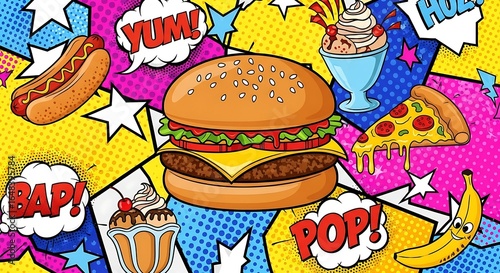 Vibrant cartoon food collage bursting with flavor and playful pop art elements