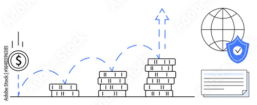 Stacked coins visualize monetary growth, upward arrows indicate progress shield ensures global security document suggests paperwork. Ideal for savings, investment, growth, safety, economy, business