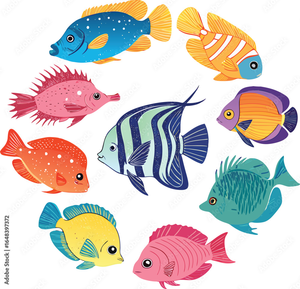 Naklejka premium Flat exotic fish collection arranged in a circle, neon tones, white background