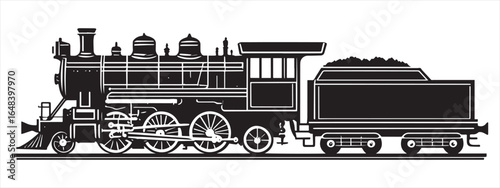 Vintage steam locomotive with coal tender on tracks train engine