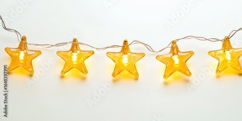A string of glowing star-shaped lights against a plain white background. The lights are evenly spaced and emit a warm, golden glow.
