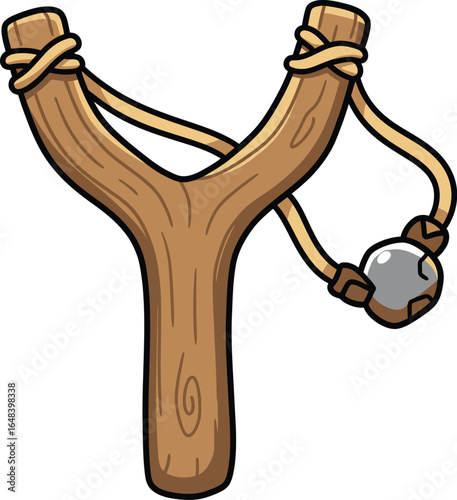 Cartoon Wooden Slingshot with Leather Pouch Vector illustration