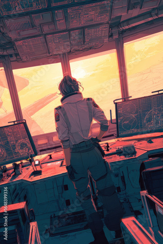 At a space station control room with glowing panels and big windows an astronaut coordinates with an AI system to plan a mission the mood is adventurous and steady