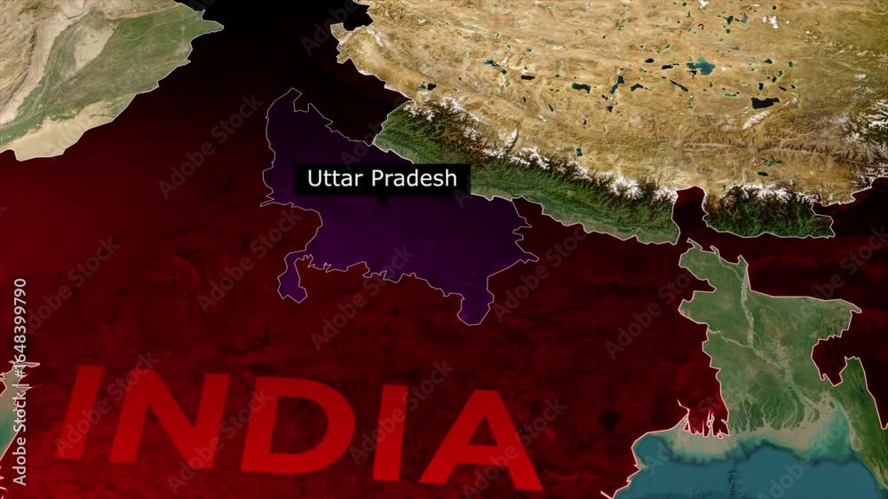 Uttar Pradesh map highlight animation, India state location zoom, political map video, geographic region highlight, satellite earth view animation