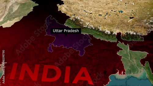 Uttar Pradesh map highlight animation, India state location zoom, political map video, geographic region highlight, satellite earth view animation
