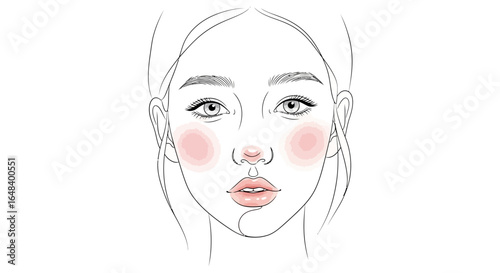 Aesthetic female face minimalist outline drawing with soft blush design