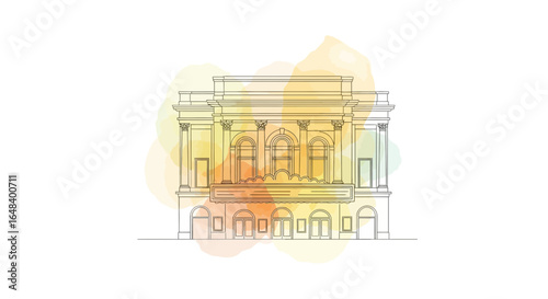 Architectural line drawing of a classical building with watercolor effect