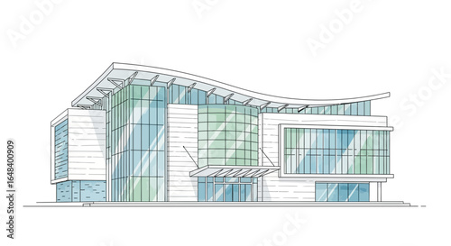 Architectural sketch of a modern building with glass facade and unique roof design