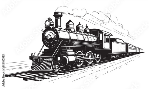 Vintage steam locomotive traveling on tracks with smoke train engine