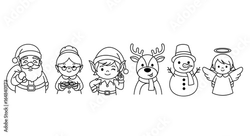 Christmas characters coloring page santa elf reindeer snowman angel