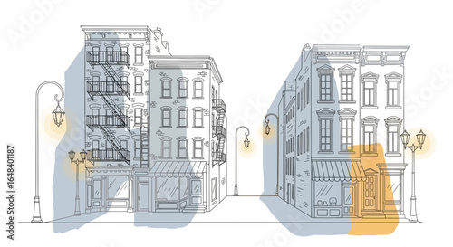 Architectural Streetscape Illustration with Watercolor Accents in a Line Art Style