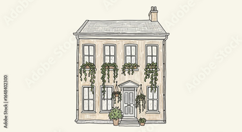 Charming Victorian House Facade Adorned with Lush Potted Greenery and Hanging Plants