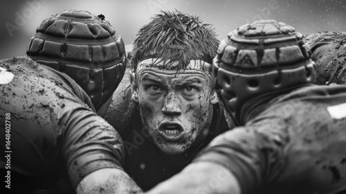 Mud-Covered Rugby Player Surrounded by Teammates During a Game